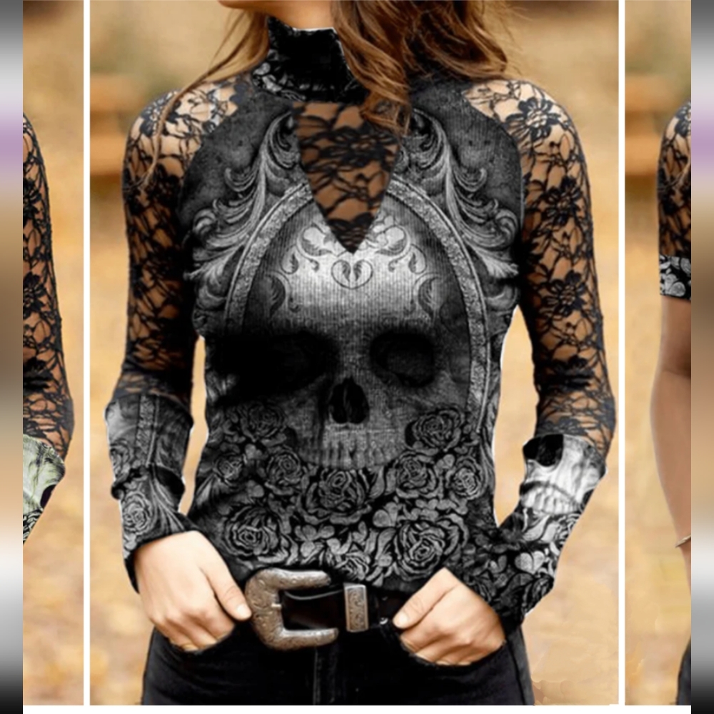 Skull long sleeve lace mock neck top